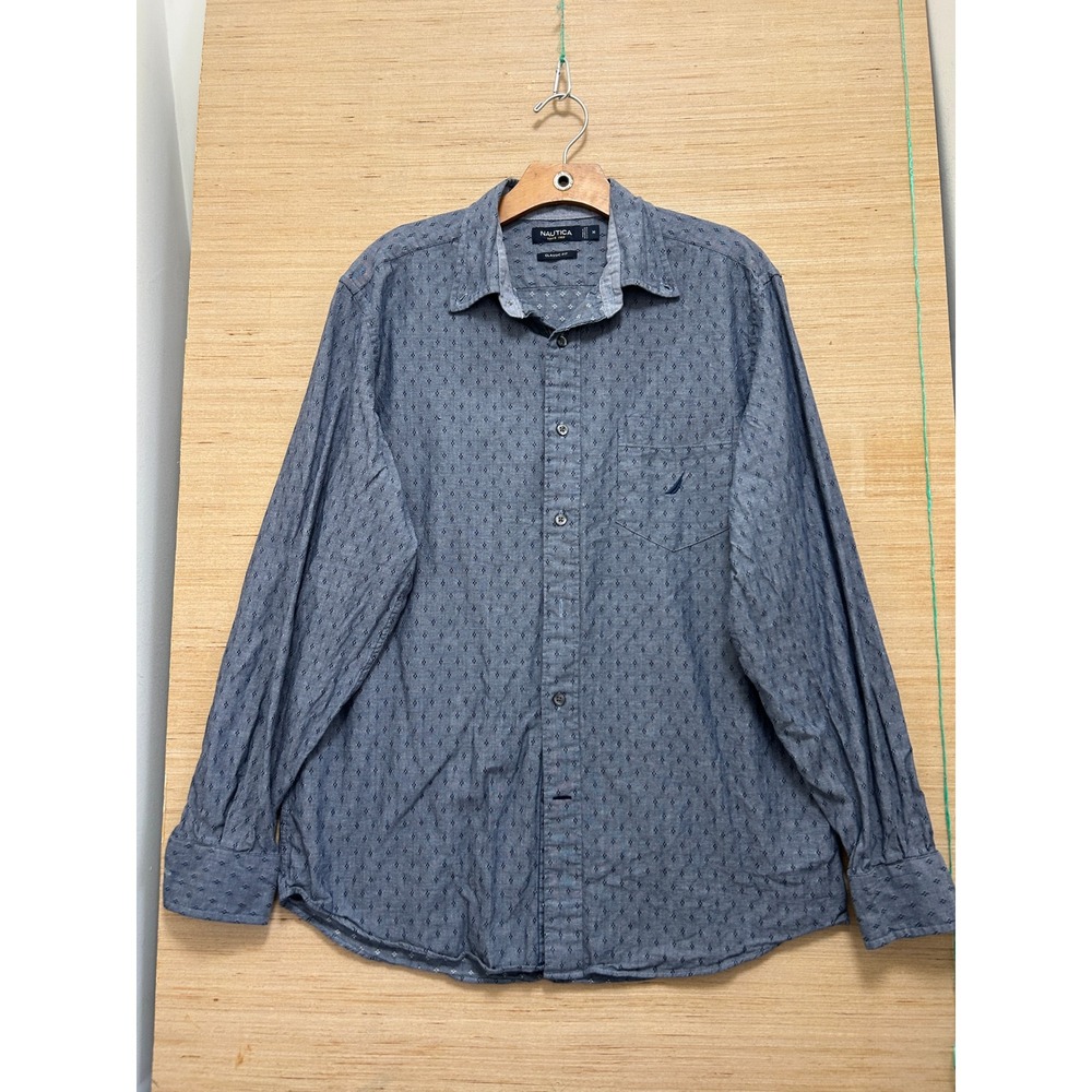 Nautica Mens Blue Geometric Diamond Print Long Sleeve Button Down Shirt Size M